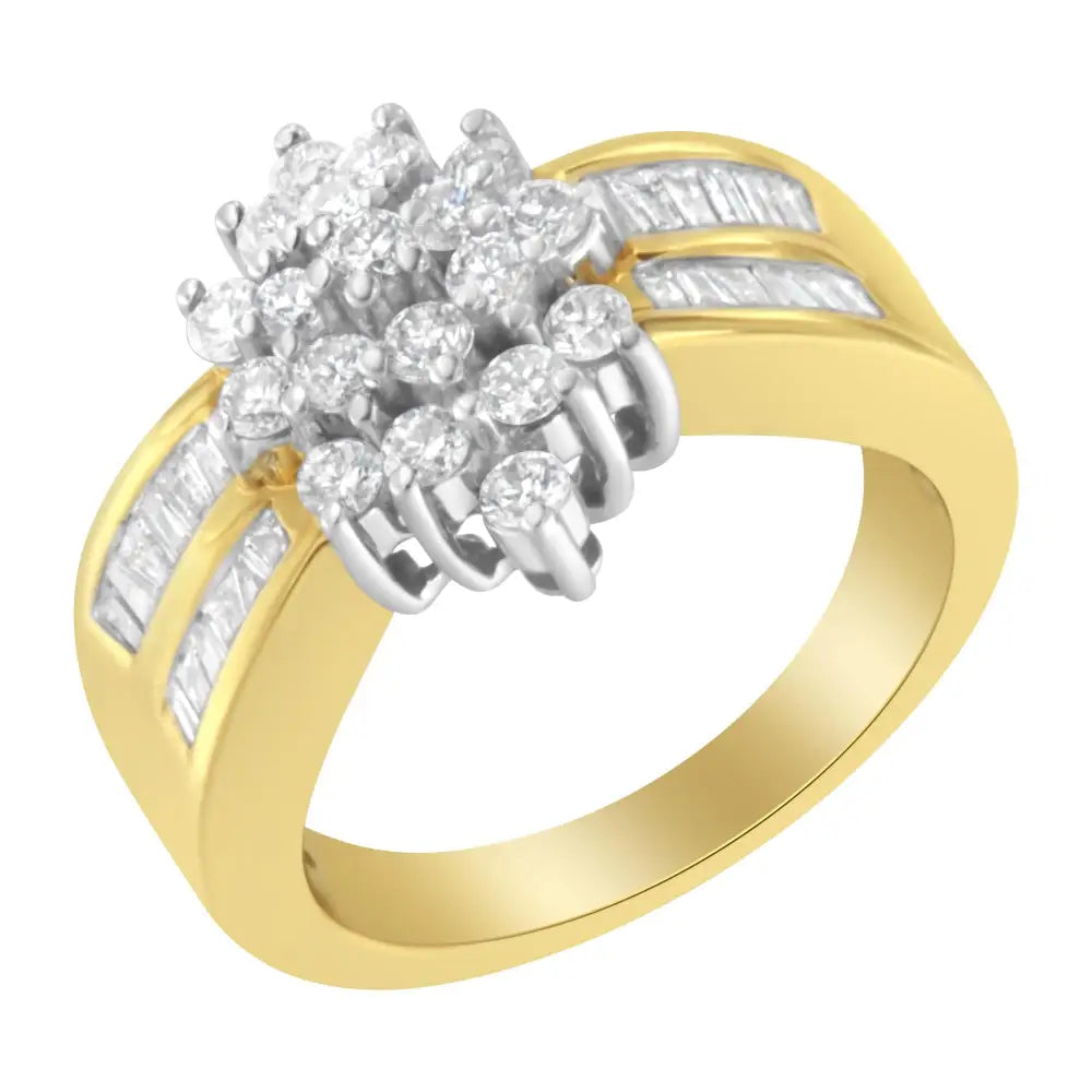 10k Yellow Gold 1.0 Cttw Round & Baguette Cut Diamond Floral Cluster Double-channel Flared Band Statement Ring (h-i