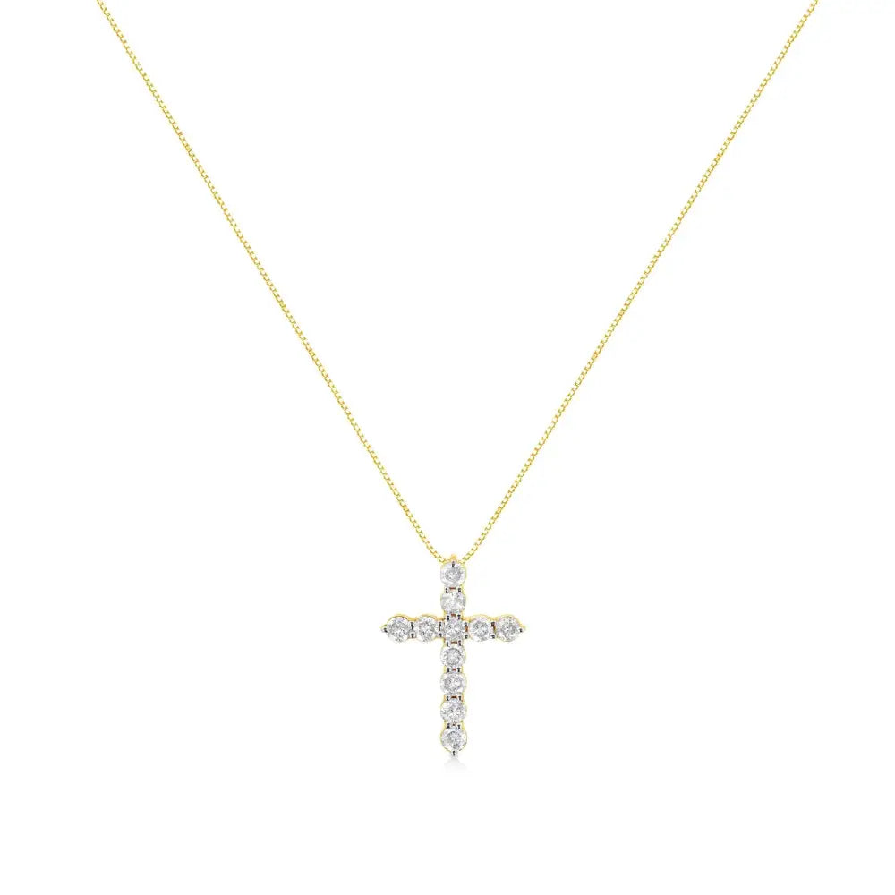 10k Yellow Gold 1.0 Cttw Round Brilliant Cut Diamond Cross Pendant Necklace with Box Chain (j-k Color I1-i2 Clarity)