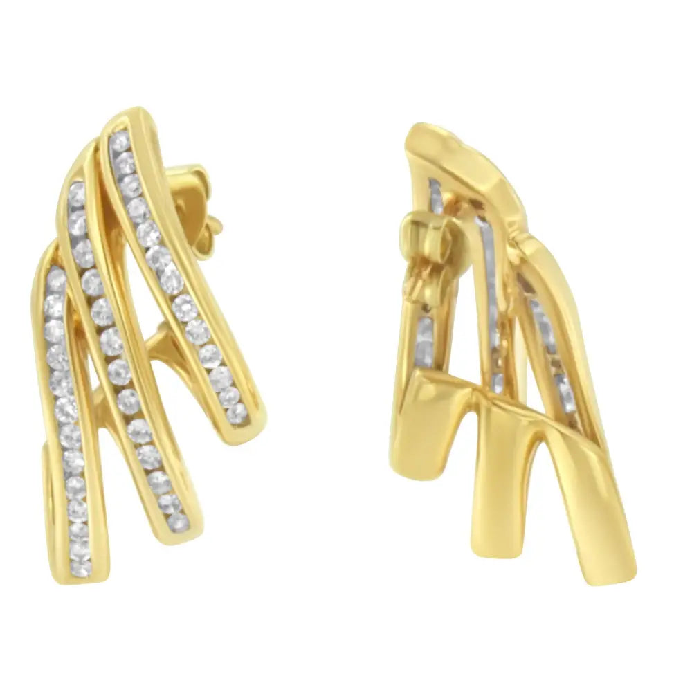 10k Yellow Gold 1.0 Cttw Round Brilliant Cut Diamond Spiral Multi Row Channel Set Open Hoop Pushback Stud Earrings (h-i