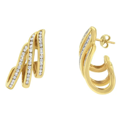 10k Yellow Gold 1.0 Cttw Round Brilliant Cut Diamond Spiral Multi Row Channel Set Open Hoop Pushback Stud Earrings (h-i