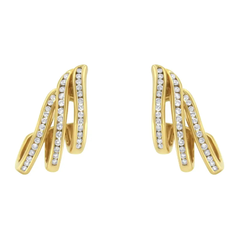 10k Yellow Gold 1.0 Cttw Round Brilliant Cut Diamond Spiral Multi Row Channel Set Open Hoop Pushback Stud Earrings (h-i