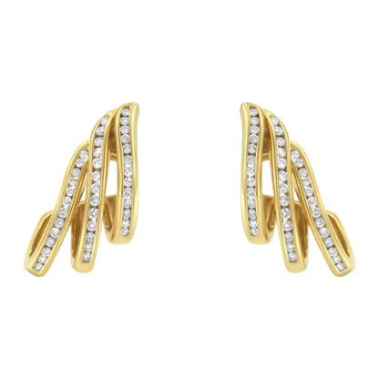 10k Yellow Gold 1.0 Cttw Round Brilliant Cut Diamond Spiral Multi Row Channel Set Open Hoop Pushback Stud Earrings (h-i