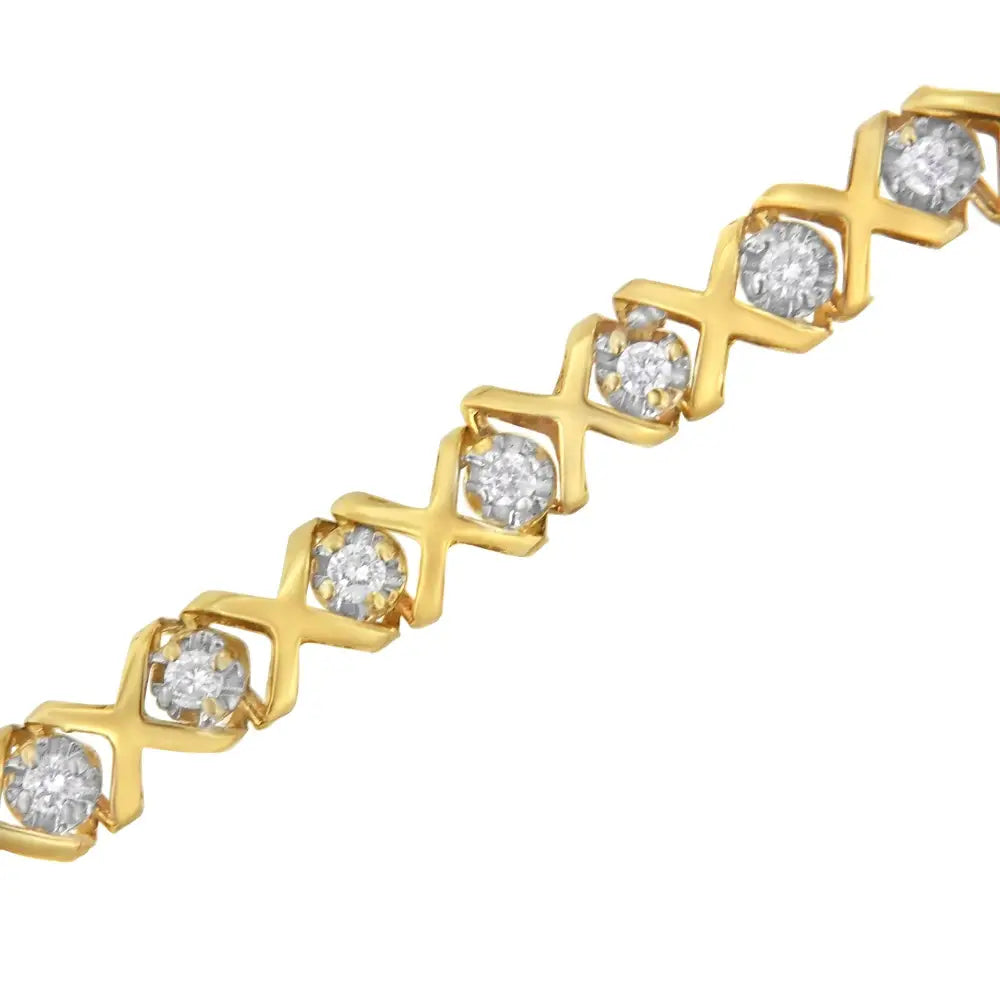 10k Yellow Gold 1.0 Cttw Round Brilliant Diamond Miracle Set X-link 7’’ Tennis Bracelet with Box Clasp (h-i Color