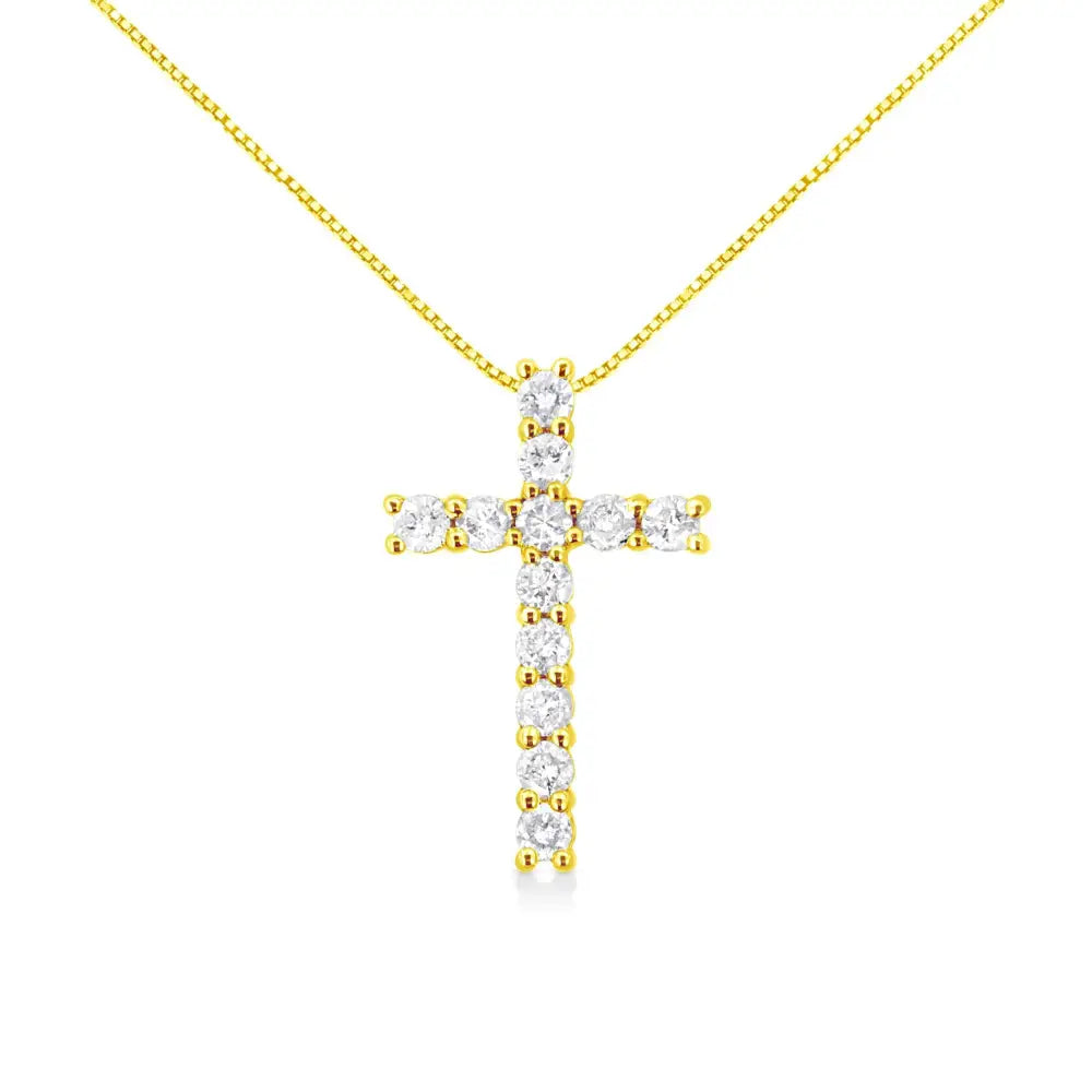 10k Yellow Gold 1.0 Cttw Shared Prong Set Round Brilliant Cut Diamond Cross 18’’ Pendant Necklace (j-k Color I2-i3