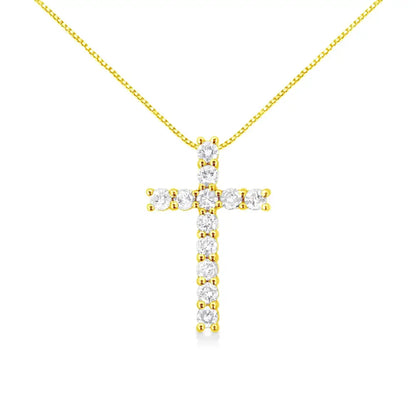 10k Yellow Gold 1.0 Cttw Shared Prong Set Round Brilliant Cut Diamond Cross 18’’ Pendant Necklace (j-k Color I2-i3