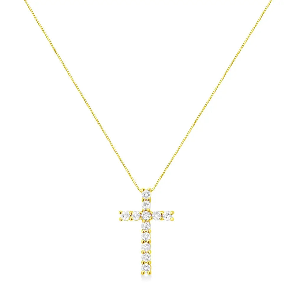 10k Yellow Gold 1.0 Cttw Shared Prong Set Round Brilliant Cut Diamond Cross 18’’ Pendant Necklace (j-k Color I2-i3