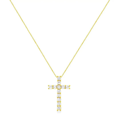 10k Yellow Gold 1.0 Cttw Shared Prong Set Round Brilliant Cut Diamond Cross 18’’ Pendant Necklace (j-k Color I2-i3