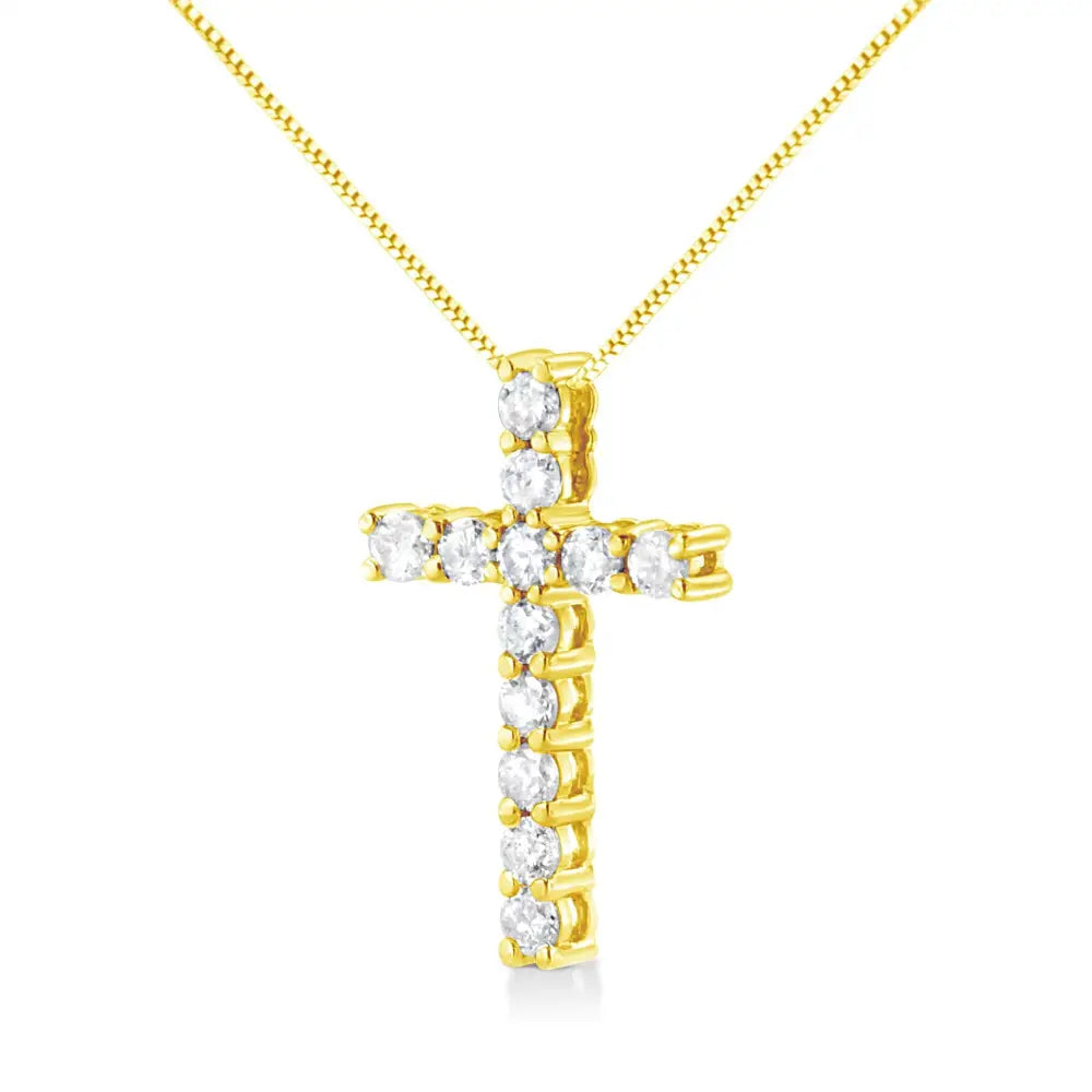 10k Yellow Gold 1.0 Cttw Shared Prong Set Round Brilliant Cut Diamond Cross 18’’ Pendant Necklace (j-k Color I2-i3