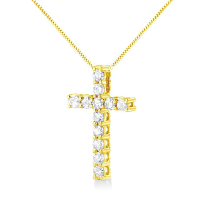 10k Yellow Gold 1.0 Cttw Shared Prong Set Round Brilliant Cut Diamond Cross 18’’ Pendant Necklace (j-k Color I2-i3