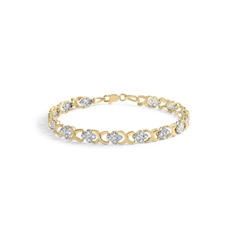 10k Yellow Gold 1.00 Cttw Diamond 5 Stone Floral Cluster and ?X’ Link 7’’ Bracelet (i-j Color I3 Clarity) - Fine