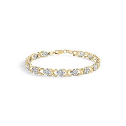 10k Yellow Gold 1.00 Cttw Diamond 5 Stone Floral Cluster and ?X’ Link 7’’ Bracelet (i-j Color I3 Clarity) - Fine