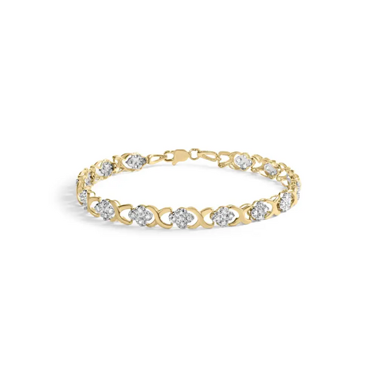 10k Yellow Gold 1.00 Cttw Diamond 5 Stone Floral Cluster and ?X’ Link 7’’ Bracelet (i-j Color I3 Clarity) - Fine