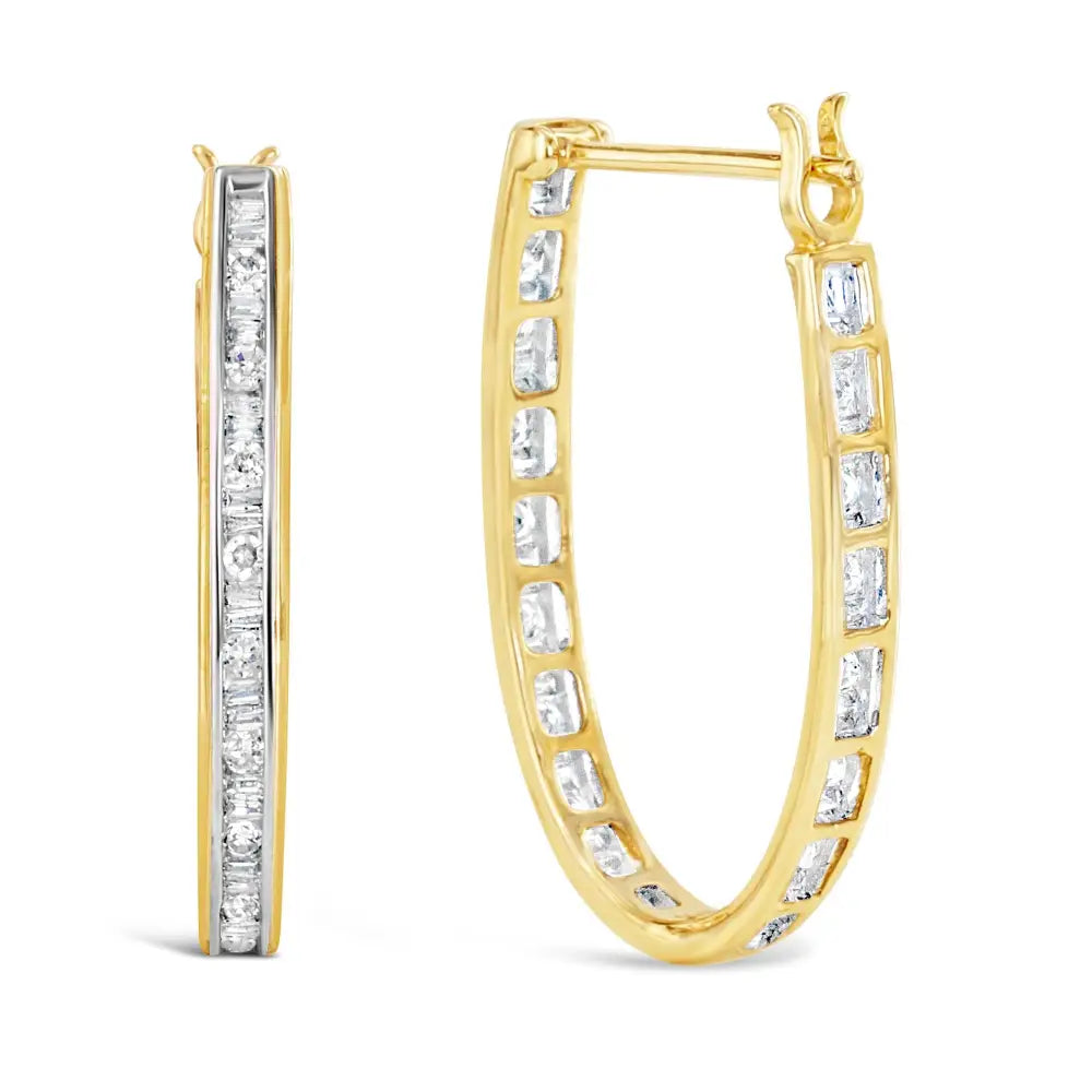 10k Yellow Gold 1.00 Cttw Round and Baguette-cut Diamond U-hoop Earrings (h-i Color Si2-i1 Clarity) - Fine Jewelry