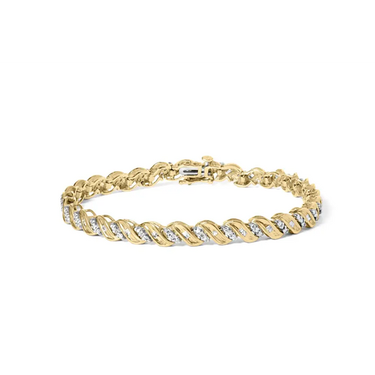 10k Yellow Gold 1.00 Cttw Round-cut and Baguette-cut S-link 7.25’’ Bracelet (i-j Color I2-i3 Clarity) - Fine