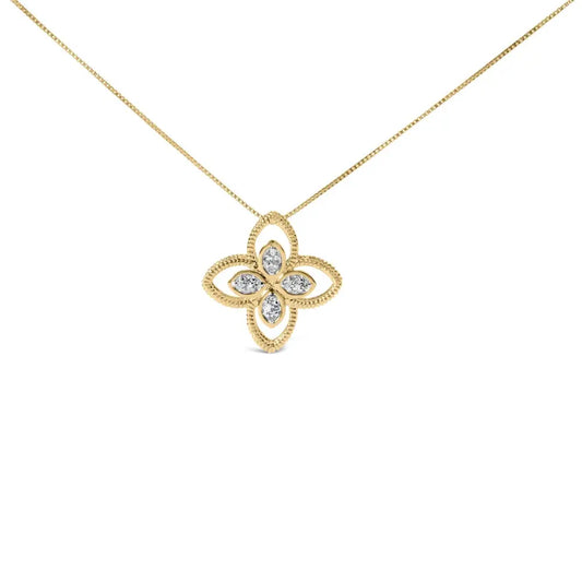 10k Yellow Gold 1/10 Cttw Diamond Floral Motif with Beaded Halo Pendant 18’’ Necklace (i-j Color I1-i2 Clarity)