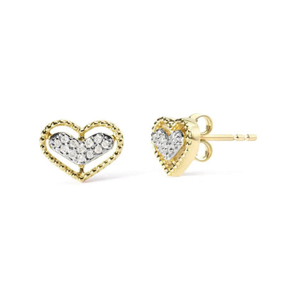 10k Yellow Gold 1/10 Cttw Diamond Heart and Beaded Halo Stud Earrings (i-j Color I1-i2 Clarity) - Fine Jewelry us Direct