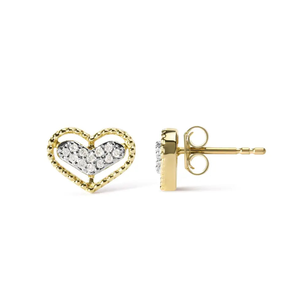 10k Yellow Gold 1/10 Cttw Diamond Heart and Beaded Halo Stud Earrings (i-j Color I1-i2 Clarity) - Fine Jewelry us Direct