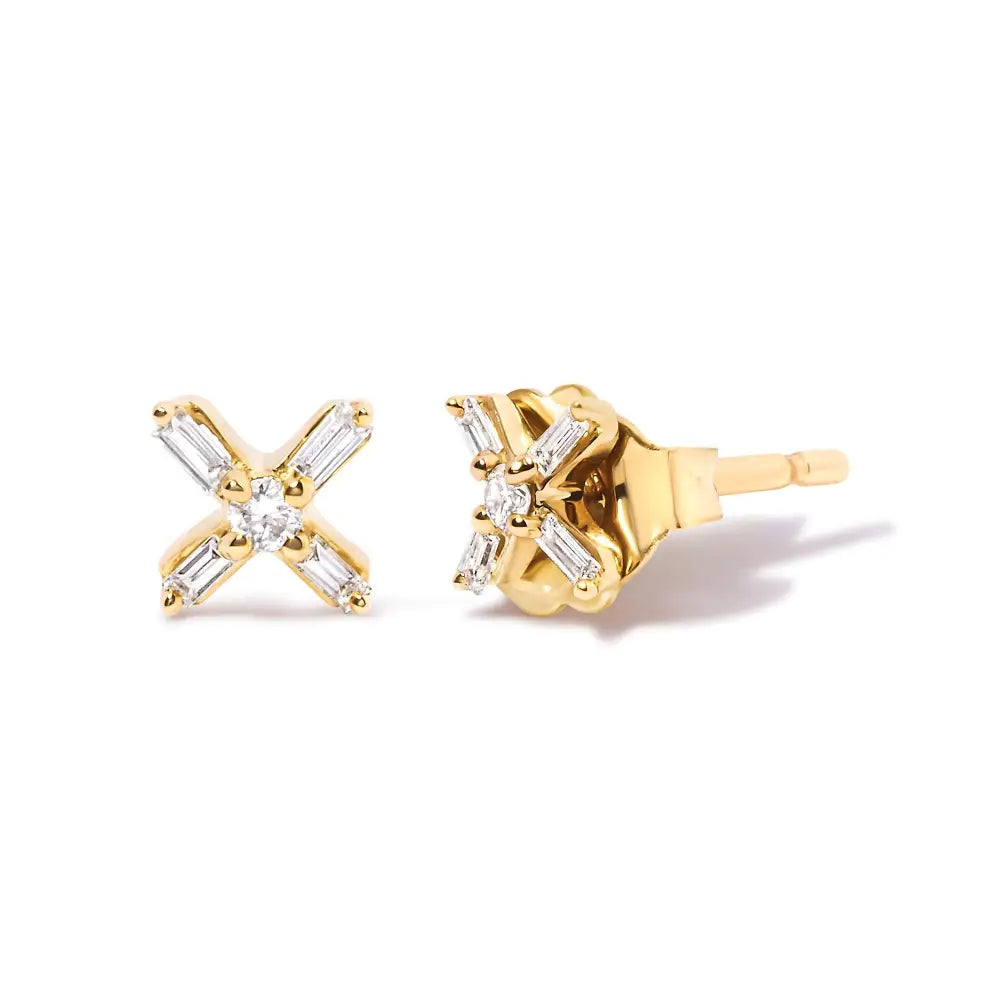 10k Yellow Gold 1/10 Cttw Round and Baguette Diamond Criss Cross x Stud Earring (h-i Color I1-i2 Clarity) - Fine