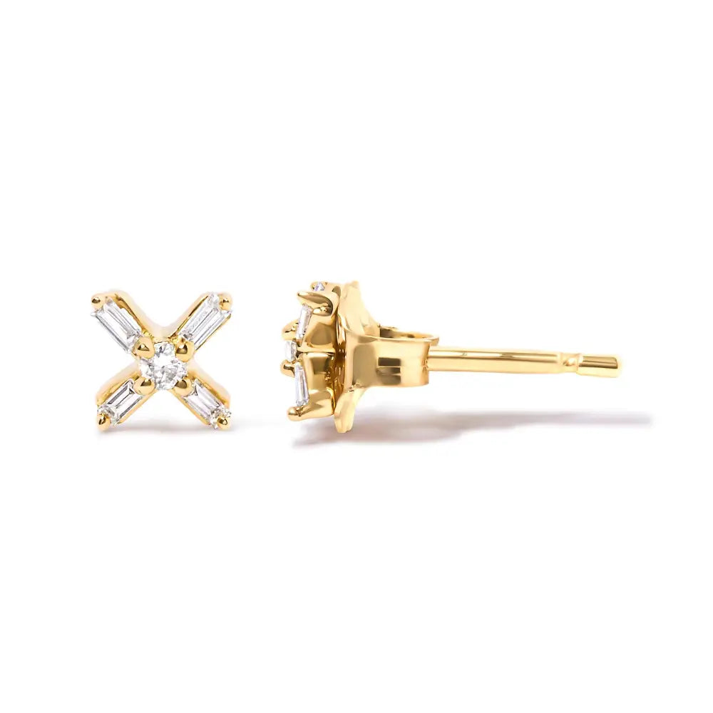 10k Yellow Gold 1/10 Cttw Round and Baguette Diamond Criss Cross x Stud Earring (h-i Color I1-i2 Clarity) - Fine