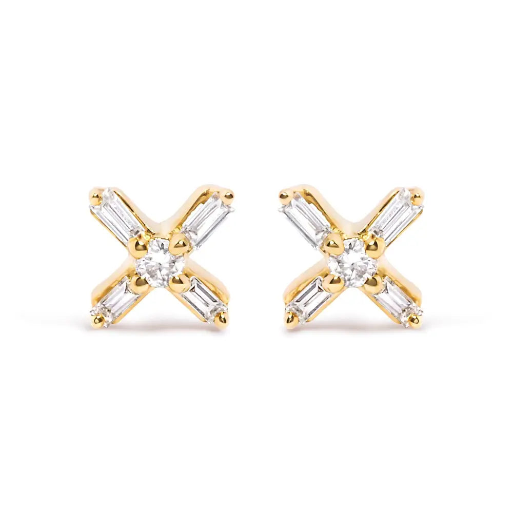 10k Yellow Gold 1/10 Cttw Round and Baguette Diamond Criss Cross x Stud Earring (h-i Color I1-i2 Clarity) - Fine