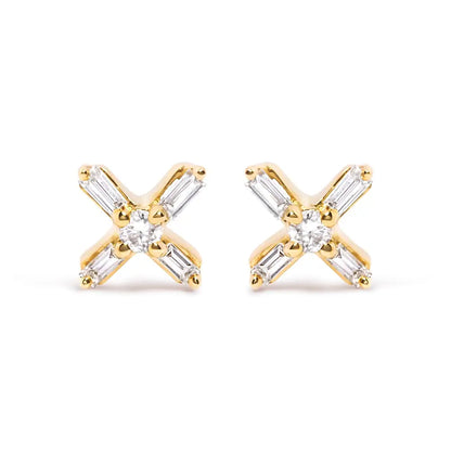 10k Yellow Gold 1/10 Cttw Round and Baguette Diamond Criss Cross x Stud Earring (h-i Color I1-i2 Clarity) - Fine