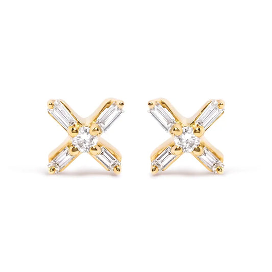 10k Yellow Gold 1/10 Cttw Round and Baguette Diamond Criss Cross x Stud Earring (h-i Color I1-i2 Clarity) - Fine