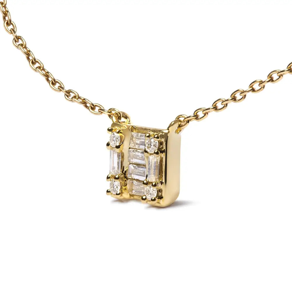 10k Yellow Gold 1/10 Cttw Round and Baguette Diamond Mosaic Composite Square 18’’ Inch Pendant Necklace (h-i Color