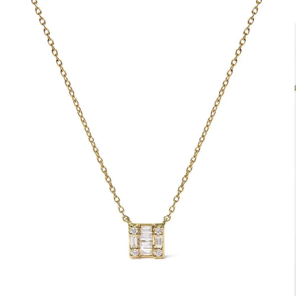 10k Yellow Gold 1/10 Cttw Round and Baguette Diamond Mosaic Composite Square 18’’ Inch Pendant Necklace (h-i Color