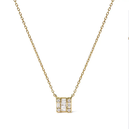 10k Yellow Gold 1/10 Cttw Round and Baguette Diamond Mosaic Composite Square 18’’ Inch Pendant Necklace (h-i Color