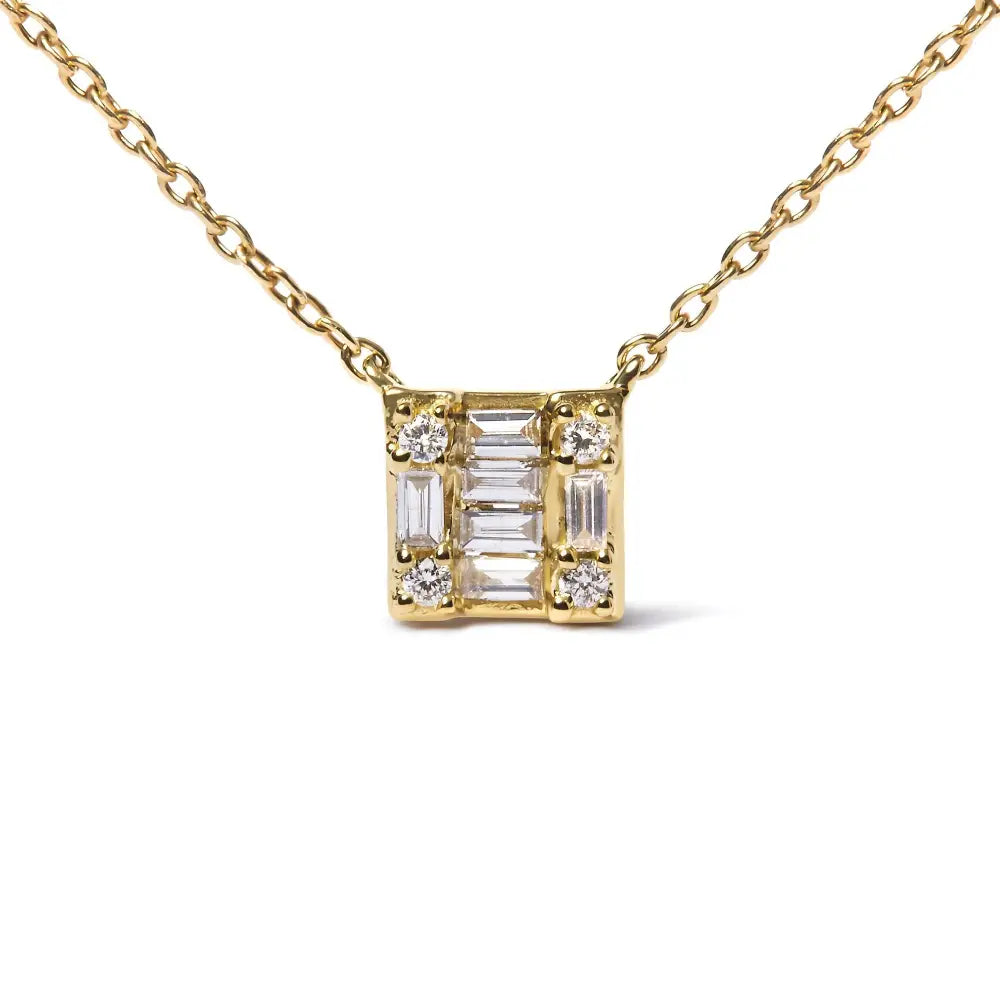 10k Yellow Gold 1/10 Cttw Round and Baguette Diamond Mosaic Composite Square 18’’ Inch Pendant Necklace (h-i Color