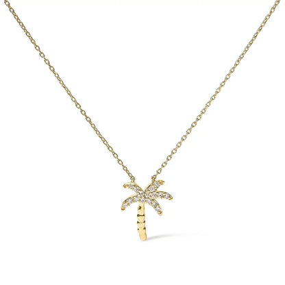 10k Yellow Gold 1/10 Cttw Round Diamond Palm Tree 18’’ Inch Pendant Necklace (h-i Color I1-i2 Clarity) - Fine