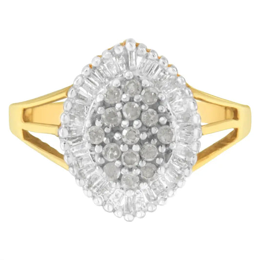 10k Yellow Gold 1/2 Cttw Baguette & Round Diamond Marquise-shaped Cluster Halo Ring (i-j Color I3 Clarity) - Fine