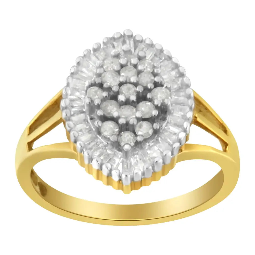 10k Yellow Gold 1/2 Cttw Baguette & Round Diamond Marquise-shaped Cluster Halo Ring (i-j Color I3 Clarity) - Fine