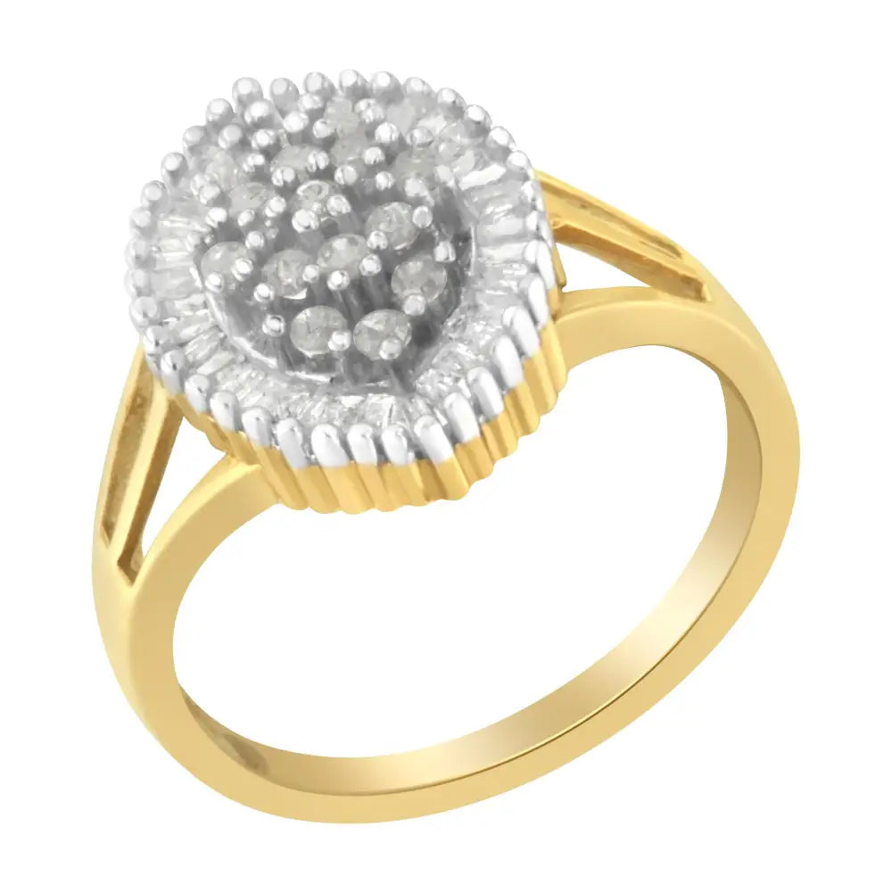 10k Yellow Gold 1/2 Cttw Baguette & Round Diamond Marquise-shaped Cluster Halo Ring (i-j Color I3 Clarity) - Fine