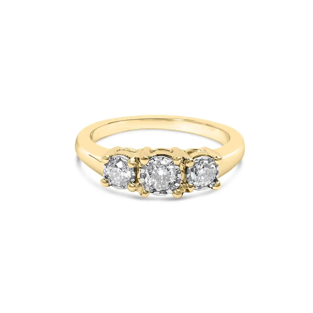 10k Yellow Gold 1/2 Cttw Miracle Set Round Diamond Three Stone Illusion Plate Ring (i-j Color I2-i3 Clarity) - Fine