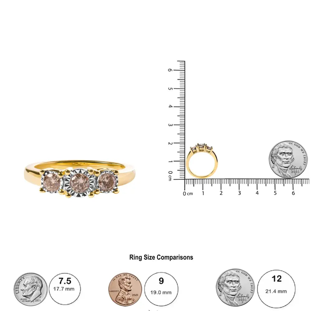 10k Yellow Gold 1/2 Cttw Miracle Set Round Diamond Three Stone Illusion Plate Ring (i-j Color I2-i3 Clarity) - Fine