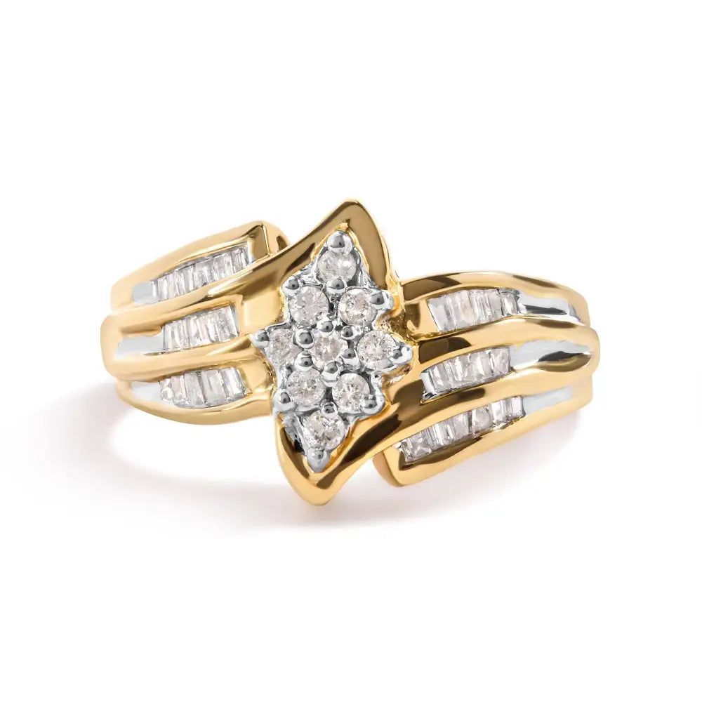 10k Yellow Gold 1/2 Cttw Round and Baguette-cut Diamond Cluster Head and Channel Set Shank Ring (h-i Color I1-i2