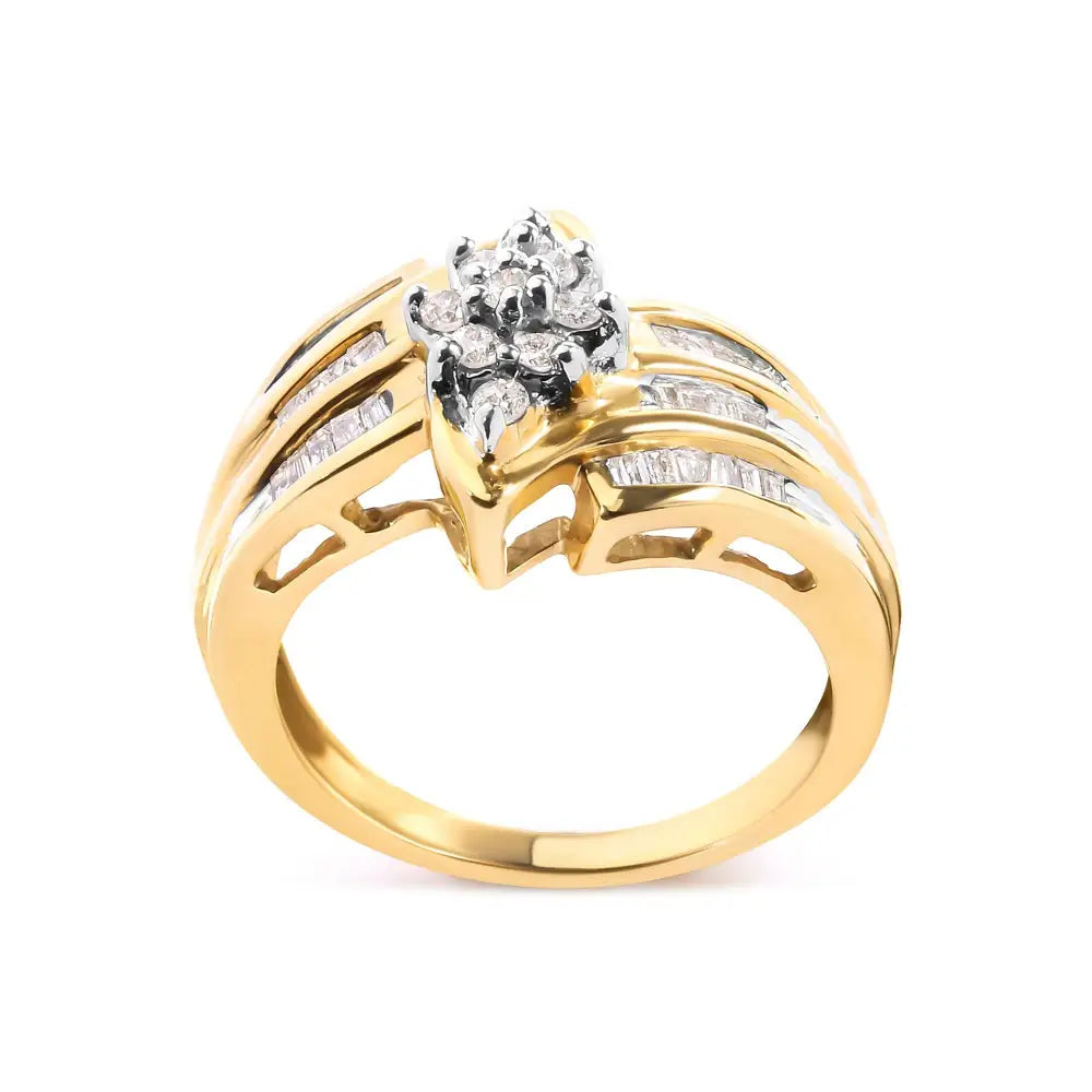 10k Yellow Gold 1/2 Cttw Round and Baguette-cut Diamond Cluster Head and Channel Set Shank Ring (h-i Color I1-i2