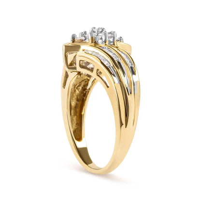 10k Yellow Gold 1/2 Cttw Round and Baguette-cut Diamond Cluster Head and Channel Set Shank Ring (h-i Color I1-i2