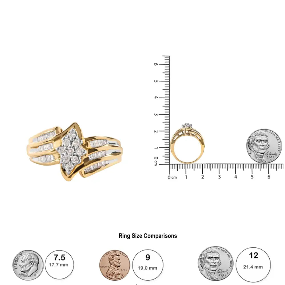 10k Yellow Gold 1/2 Cttw Round and Baguette-cut Diamond Cluster Head and Channel Set Shank Ring (h-i Color I1-i2