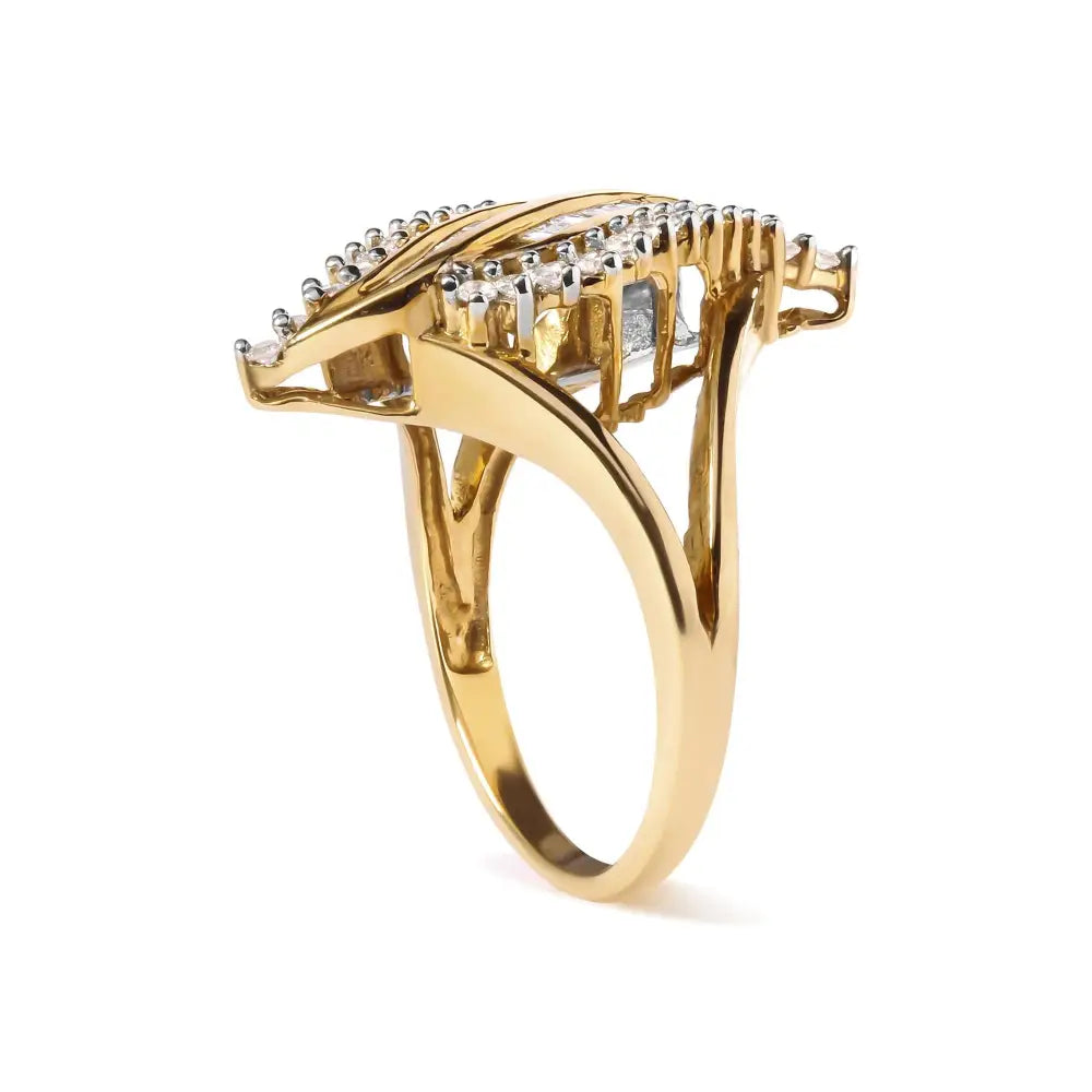 10k Yellow Gold 1/2 Cttw Round and Baguette Cut Diamond Cocktail Ring (h-i Color I1-i2 Clarity) - Fine Jewelry us Direct