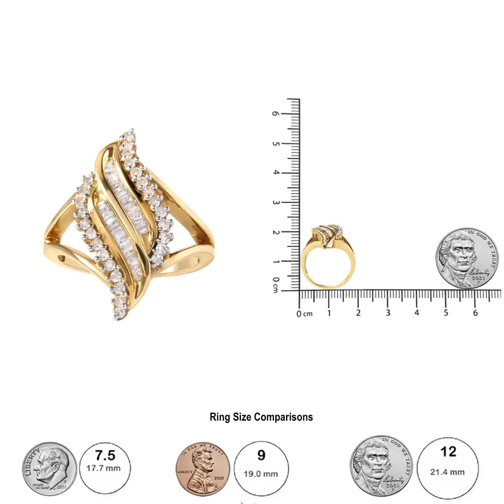 10k Yellow Gold 1/2 Cttw Round and Baguette Cut Diamond Cocktail Ring (h-i Color I1-i2 Clarity) - Fine Jewelry us Direct