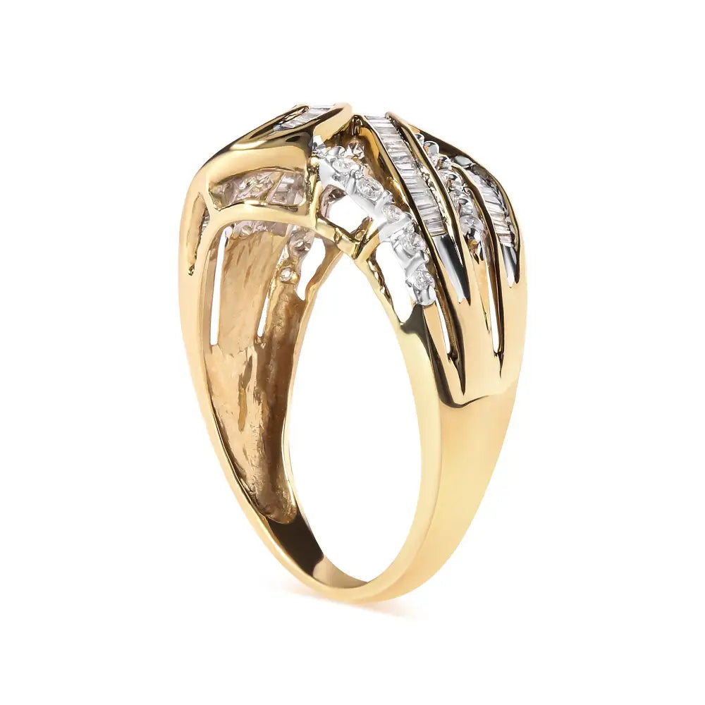 10k Yellow Gold 1/2 Cttw Round and Baguette Cut Diamond Open Space Bypass Ring (h-i Color Si2-i1 Clarity) - Fine