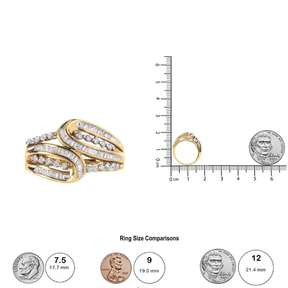 10k Yellow Gold 1/2 Cttw Round and Baguette Cut Diamond Open Space Bypass Ring (h-i Color Si2-i1 Clarity) - Fine