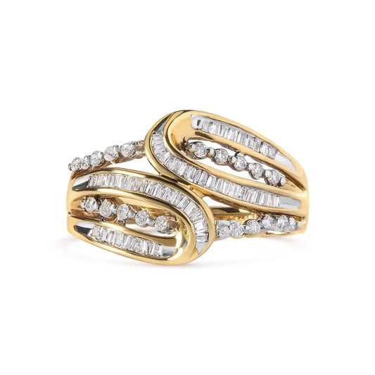 10k Yellow Gold 1/2 Cttw Round and Baguette Cut Diamond Open Space Bypass Ring (h-i Color Si2-i1 Clarity) - Fine