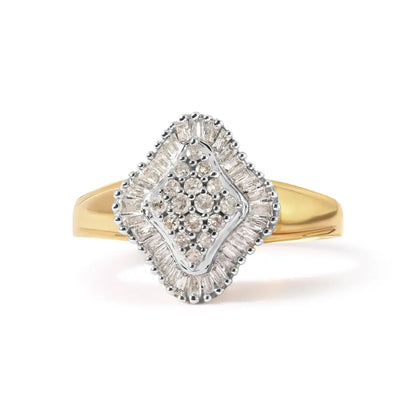 10k Yellow Gold 1/2 Cttw Round and Baguette-cut Diamond Rhombus Head and Halo Ring (i-j Color I1-i2 Clarity) - Fine