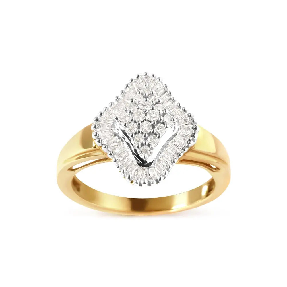 10k Yellow Gold 1/2 Cttw Round and Baguette-cut Diamond Rhombus Head and Halo Ring (i-j Color I1-i2 Clarity) - Fine