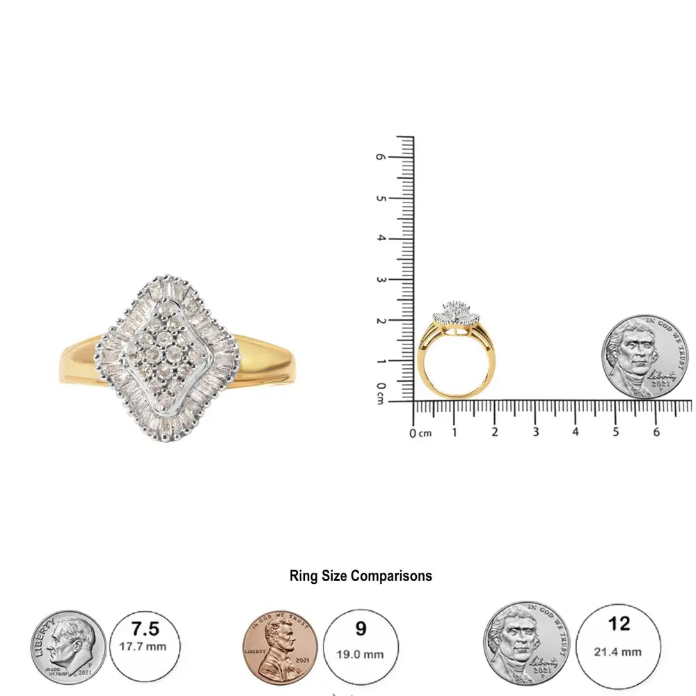 10k Yellow Gold 1/2 Cttw Round and Baguette-cut Diamond Rhombus Head and Halo Ring (i-j Color I1-i2 Clarity) - Fine