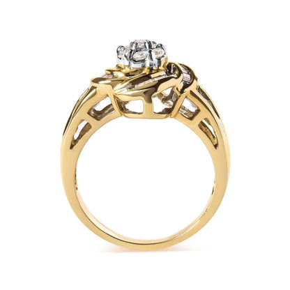 10k Yellow Gold 1/2 Cttw Round and Baguette Diamond Flower Swirl Cocktail Ring (i-j Color Si2-i1 Clarity) - Fine