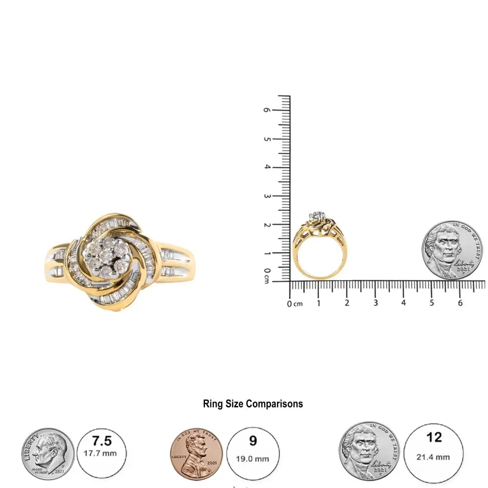 10k Yellow Gold 1/2 Cttw Round and Baguette Diamond Flower Swirl Cocktail Ring (i-j Color Si2-i1 Clarity) - Fine